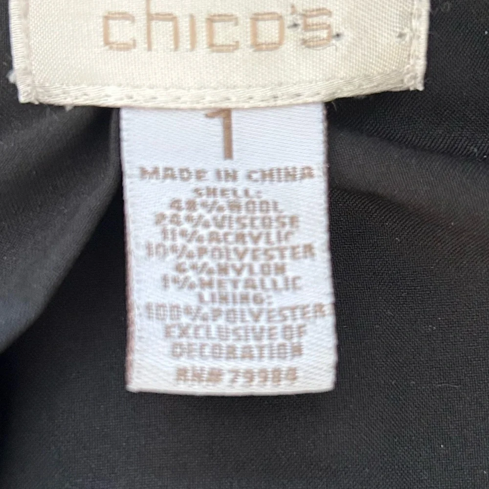 Chico’s Women’s chic classic timeless Black White Tweed Wool Blend Blazer size 1